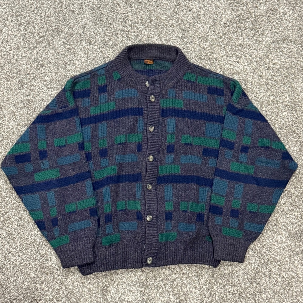 Vintage 70s Angelo Greco Geometric Knit Cardigan Sweater Blue Green Mens 2XL